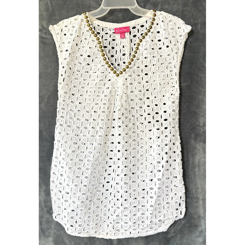 Lilly Pulitzer Target Blouse Tunic Coverup Womens XS White Eyelet Studs V Neck